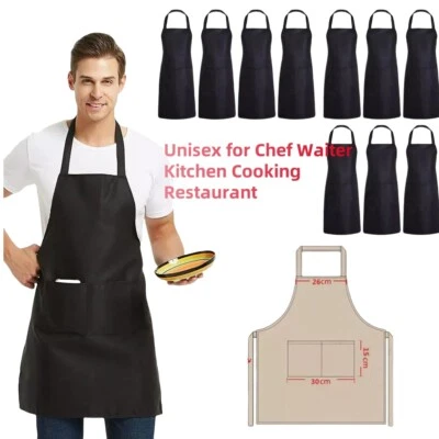 10 Pack Heavy Duty Black Bib Aprons w/Pockets - Adjustable Chef Waiter Kitchen