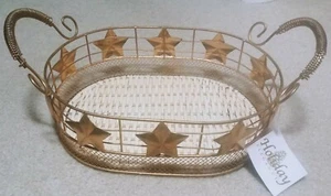 Holiday Christmas Decorative Basket Metal Sides w/ Stars, Weaved Bottom - Picture 1 of 1