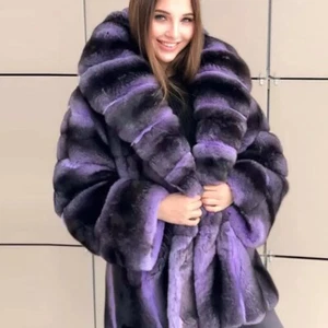 Winter Women's Genuine Chinchilla Rex Rabbit Fur Coat Shawl Warm Thick Overcoat - Picture 1 of 5