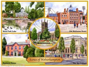 5 WOLVERHAMPTON SCENES WATERCOLOUR ARTISTS PRINT GREETINGS CARD 8"x 6" - Picture 1 of 1
