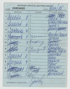 9-22-85 Chicago Cubs - Game Used Lineup Card - Ryne Sandberg & Dennis Eckersley - Picture 1 of 1