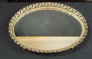Vtg Oval Vanity Mirror Perfume Tray Gold Brass Metal Filigree Hollywood Regency - Picture 1 of 4