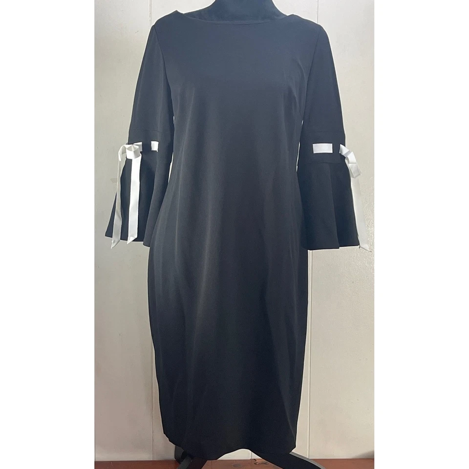 Calvin Klein Black Bell Sleeve Dress White Ribbon Women's Size 12 emo goth - Image 1 of 4