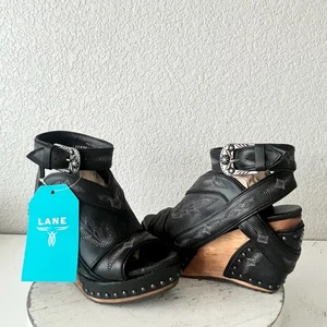 Lane Boots LEXINGTON Womens Black Wedges 7 Western Sandals Cowgirl Wooden Heels - Picture 1 of 11