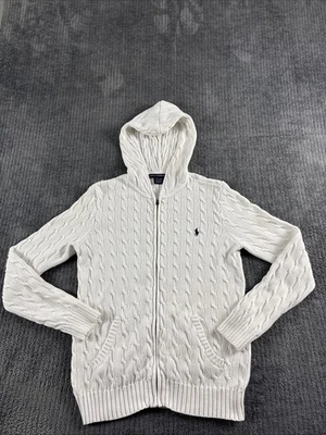 Suéter esportivo feminino Ralph Lauren extra grande malha de cabo zíper completo com capuz Preppy - Imagem 1 de 4