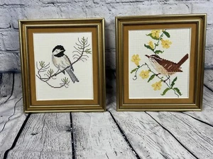 Vintage Pair of Framed Birds Hand Embroidered Cross stitch Framed 8.5 X 9.5” - Picture 1 of 10