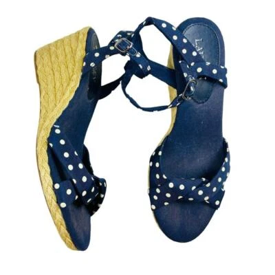 Lauren Ralph Lauren Womens Blue Espadrilles Polka Dot Peep Toe Wedge Heels 8.5 - Image 1 of 4