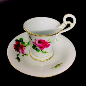 Meissen Porcelain Pink Rose Chocolate Demitasse Cup & Saucer Swan Handle - Picture 1 of 13