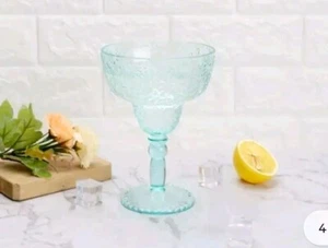 Set Of 4 Pioneer Woman Margarita Cocktail Glass Ditsy 14oz Teal Embossed Tritan - Picture 1 of 4