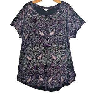 Lucky Brand Women Tunic Top Sz 2X Paisley Black Purple Teal Brown Cotton Modal - Picture 1 of 10