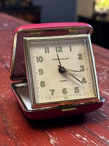 Vintage 1950’s Phinney Walker Folding Travel Alarm Clock Germany Leather Case Cover