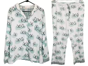 Munki Munki XL White Penguins Print Flannel Pajama Set - Picture 1 of 7