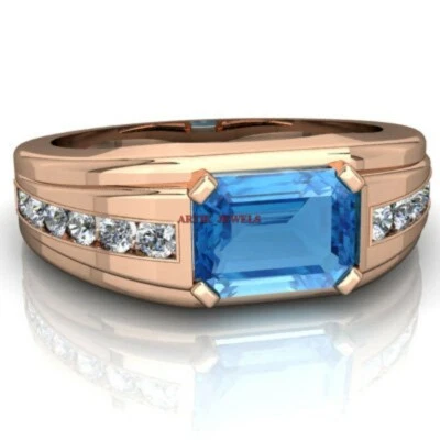 Natural Blue Topaz Gemstone with Rose Gold Plated 925 Sterling Silver Ring AJ412 - Image 1 of 4
