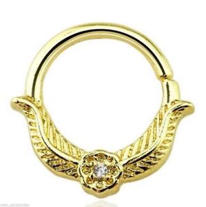 Septum Captive Gold Plate Feathers w/Clear Gem Annealed 16 Gauge 3/8" Brass 