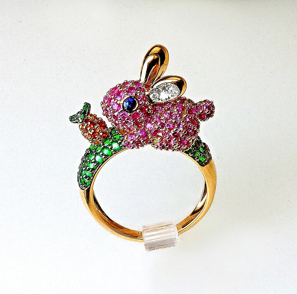 18k, RABBIT BUNNY RING, PINK, DIAMOND, RUBY, SAPPHIRE, GREEN GARNET, ROSE GOLD - Image 1 of 4