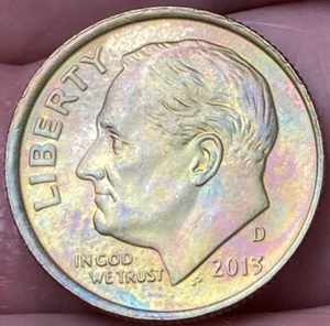 2013-D Roosevelt Dime Beautiful Lustrous Gold/Rainbow Toned Coin #6 - Picture 1 of 16
