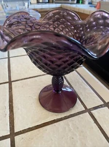 Viking Art Glass Yesteryear Amethyst Candy Dish. Compote Optic Ruffle Lg - Picture 1 of 7