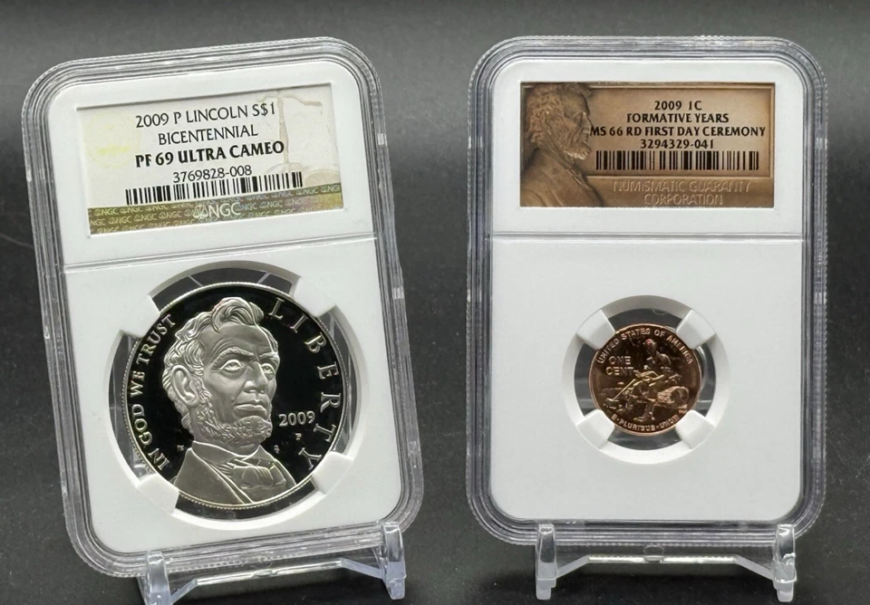 2009 Lincoln Bicentennial $1 Silver Dollar NGC PF69 UCAM + Formative Penny MS66 - Image 1 of 4