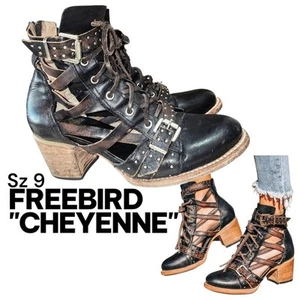 FREEBIRD CHEYENNE Sz9 Distressed Zip Buckle Blk Leather Grunge Heel Ankle Boots - Picture 1 of 16