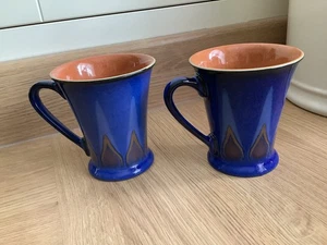 Pair Mugs Vintage Denby ‘Gatsby Flame’ - Blue With Orange Detail- VGC - Picture 1 of 8