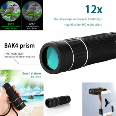 12x30 Zoom Monocular Spyglass W/Night Vision Mini HD Telescope BAK4 Optics Scop - Image 1 of 4