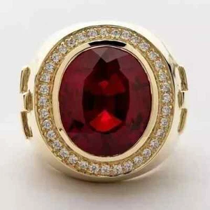 3Ct Oval Cut Lab-Created Red Ruby Men's Cross Bishop Ring 14K Yellow Gold Plated - Picture 1 of 5