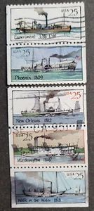 USA 1989 Mi.2031-35 Sc#2405-09 Dampfschiffe 5x25c ZD aus MH 128 gestempelt - Imagen 1 de 3