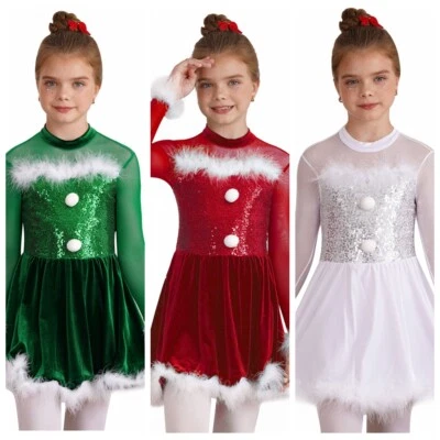 Niñas Vestidos Vestido Lentejuelas Patinador Ropa de Baile Performance Disfraz Miss Santa Foto 1 de 4