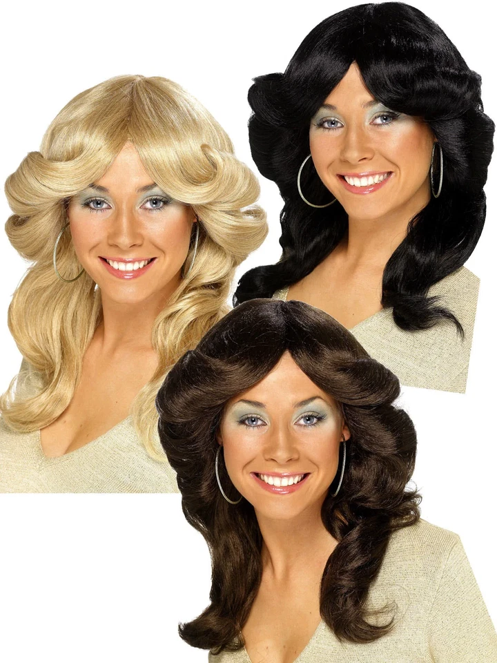 Peluca retro ondulada para damas años 70 rubia negra marrón vestido elegante adultos discoteca NUEVO Foto 1 de 1