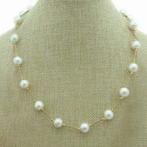 NEW AAAA ROUND 8-9MM AKOYA WHITE PEARL STATION NECKLACE 18" 14K GOLD P - Foto 1 di 3