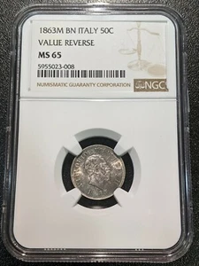 1863M NB MS65 Italy 50 Centesimi NGC KM 14.1 Value Reverse only 1 Graded higher! - Picture 1 of 4