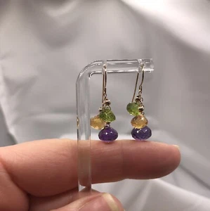 14K Solid Gold Multi Gemstone Earrings Natural Briolettes Handmade - Picture 1 of 10