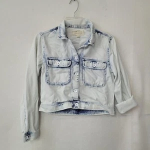 Chaqueta de cambray recortada de tela y piedra para mujer XS azul lavado ácido bolsillos elásticos - Imagen 1 de 12