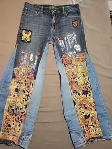 Reworked Lucky Mens Jeans 36 X 34 Wide Leg Distressed Grunge Upcycle Custom OOAK - Picture 1 of 19