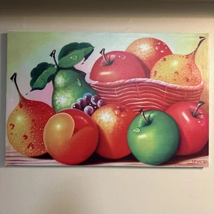 Impresión en Lienzo Colorida Cesta de Frutas Bodegón Firmado J. Romero 31x20.5 - Imagen 1 de 5