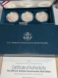1994 US Veteran Commemorative Silver Dollars 3 Coin Proof Set COA Complete - Picture 1 of 5