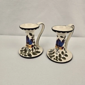 Vintage Czechoslovakia Candle Holders Hand Painted Folk Art Ceramic Handle 1930s - Picture 1 of 16