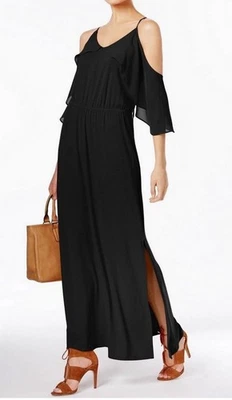 NUEVO CON ETIQUETAS VESTIDO MAXI SIN MANGAS Colección Nueva York Talla M Chifón Cortina para el Hombro Negro Largo Elástico Foto 1 de 4