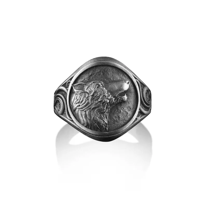 Solid 925 Sterling Silver Engraved Howling Fenrir Wolf Signet Monogram Mens Ring Foto 1 de 1