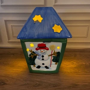 Pfaltzgraff Schneemann Haus Windlicht Kerzenhalter Weihnachtsdeko blaues Dach - Bild 1 von 13