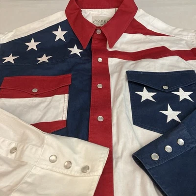 Roper Western рубашка мужская M длинным рукавом США флаг жемчуг Snap ковбой хлопок патриот - Изображение 1 из 4