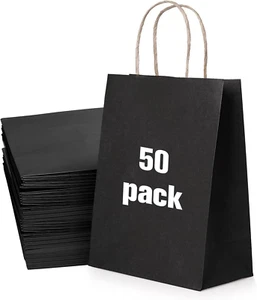 50 Pack Large Black Paper Gift Bags with Handles, for Retail Parties Holidays Bu - Picture 1 of 12