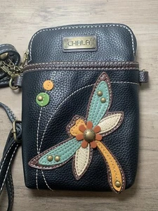 Chala Dragonfly Crossbody Purse Phone & Card Holder Black Faux Leather - Picture 1 of 6