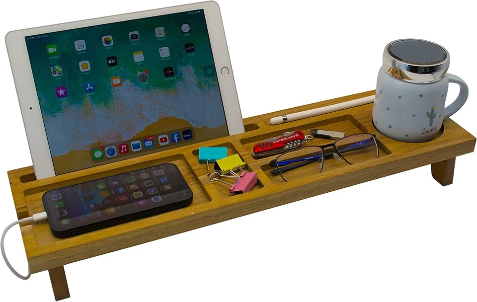 Fomo Planet Wooden Desk Organizer Storage Tray + Cell Phone Pen Tablet Stand