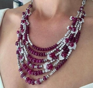 Multi Layered Natural Ruby Choker Necklace 925 Fine Silver Royal High Jewelry - Picture 1 of 5