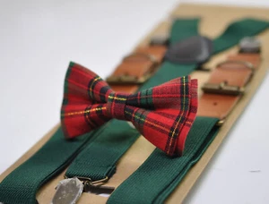 Xmas Christmas Red Green Gold Tartan Bow tie bowtie Green Elasitc Suspenders - Picture 1 of 17