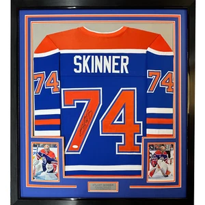 Framed Autographed/Signed Stuart Skinner 35x39 Edmonton Blue Jersey JSA COA - Picture 1 of 2