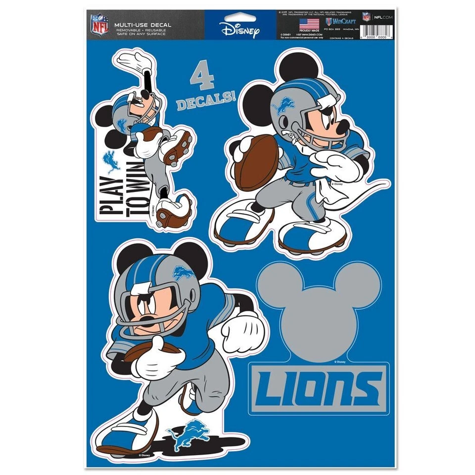 DETROIT LIONS PLAY TO WIN MICKEY MOUSE MULTI USE REMOVABLE REUSABLE 4 DECALS - Image 1 of 1