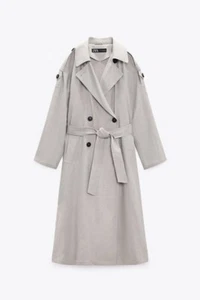 ZARA BELTED DOUBLE BREASTED LINEN BLEND TRENCH COAT Grey REF 8491/021 L Large - Picture 1 of 7