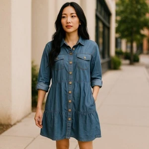 Vestido Kings Road Abotonado Talla Grande Azul Cambray - Imagen 1 de 9